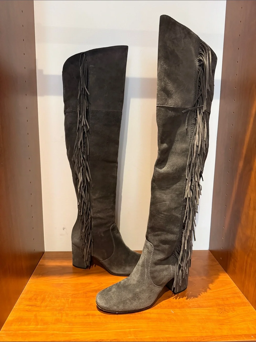 Frye Tall Fringe Over-the-Knee Suede Boots - Charcoal